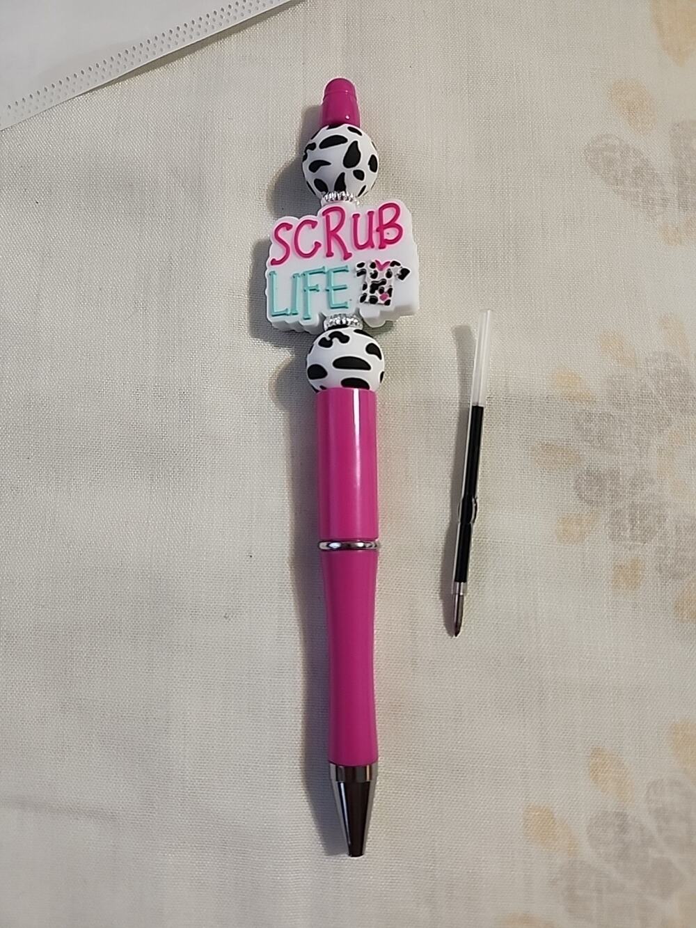 Bead Pen Scrub Life Nurse Silicone Beads Pink Black White Print Extra Ink Cartri